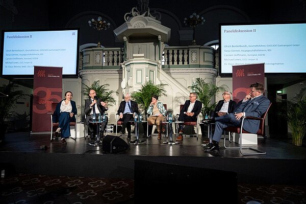 Prof. Dr. Ines Zenke, Rechtsanwältin und Partnerin, BBH-Gruppe; Ulrich Benterbusch, Geschäftsführer, GASCADE Gastransport GmbH; Tanja Gönner, Hauptgeschäftsführerin, Bundesverband der Deutschen Industrie e. V.  (BDI); Carsten Hoffmann, Vorstand, Gruppen- Gas- und Elektrizitätswerk Bergstraße AG (GGEW); Michael Lewis, CEO, Uniper SE; Dr. Klaus Wiener MdB, CDU-/CSU-Bundestagsfraktion, Prof. Christian Held, Rechtsanwalt und Partner, BBH-Gruppe